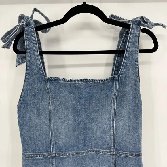 Alice + Olivia Denim Overall Skirt Dress 12 Stretch Fitted Preppy Y2K Bow Luxury - Picture 2 of 13